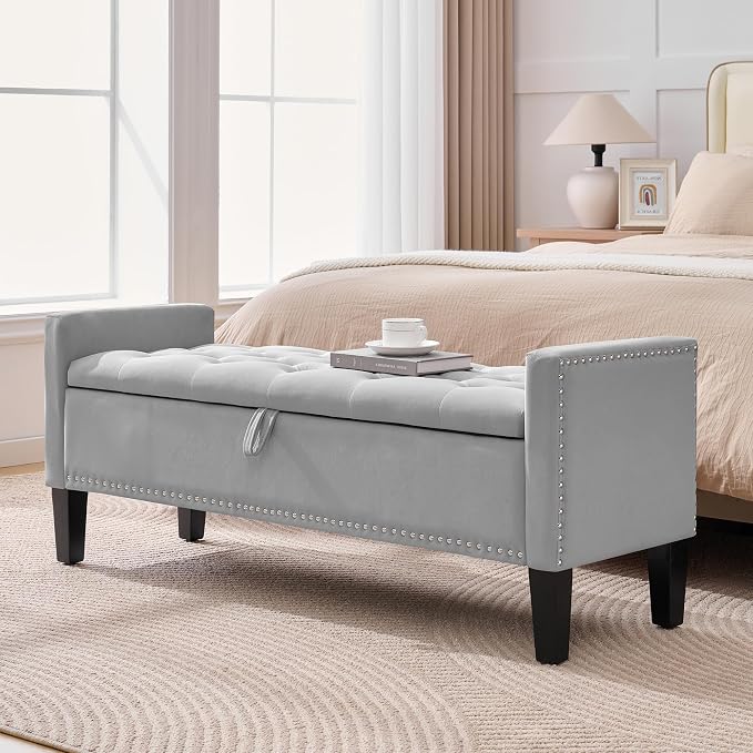 Storage Ottoman Bench, Velvet Upholstered Footstool for Bedroom and Living Room, Tufted Seat with Storage, Wooden Legs & Metal Rivets, Grey