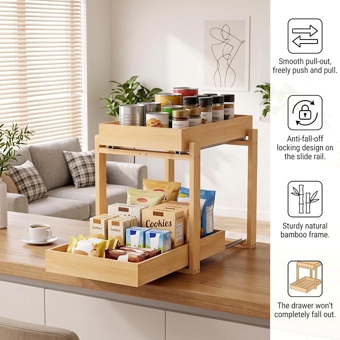 MHXW SXPN Bamboo Under Sink Organizer, 2 Pack Pull Out Cabinet Organizer | 2 Tier Vertical Smooth Slide Out Undersink Storage Shelf | Multi-Purpose Organizer Shelves for Kitchen Bathroom Medicine