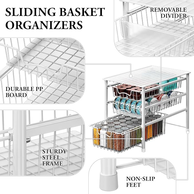 Simple Houseware Stackable 3 Tier Sliding Basket Organizer Drawer, White