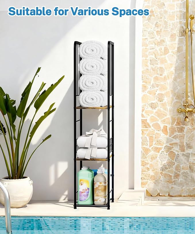 KIMBORA Narrow Towel Storage for Bathroom, 3-Tier Free Standing Bathroom Towel Rack Organizer with Shelf for Small Bath, Pool, Brown