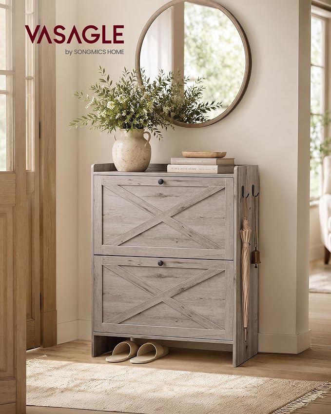 VASAGLE Shoe Storage Cabinet Organizer with 2 Flip Drawers, Freestanding Narrow Shoe Rack Cabinet for Entryway, Farmhouse Style, Fits 14 to 16 Pairs, Washed Gray UHSC203GD01