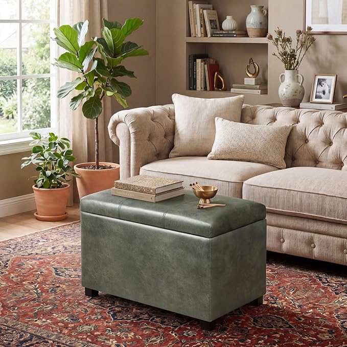 24" Faux Suede Storage Ottoman Bench, Rectangle Foot Rest Stool for Living Room, Bedroom, Entryway, Moss Green