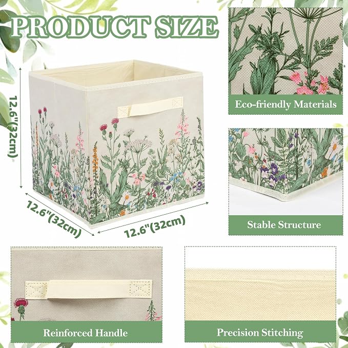 6 Pcs Wild Floral Cube Storage Bins 12.5 Inch Flower Storage Basket with Handle, Beige Collapsible Fabric Box for Classroom Bedrooms Office Home Decoration