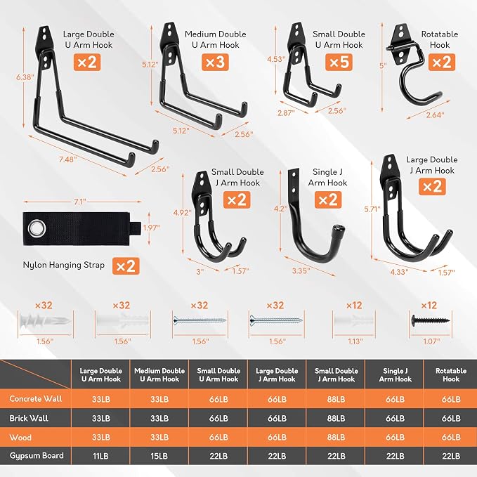 TONDA Garage Hooks, 20 Pack Garage Organization, Wall Storage Hooks Heavy Duty for Hanging Bike, Ladder, Garden Tools, Hose and Ropes, Black