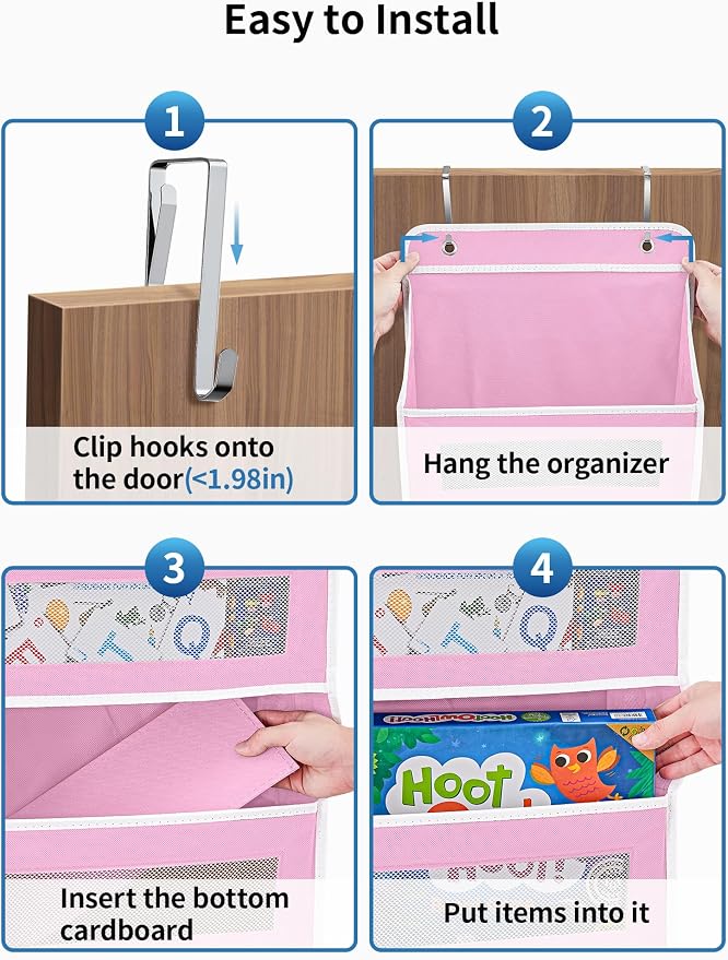 JARLINK Over the Door Organizer for Bedroom, Pantry, Bathroom, 5 Shelf Pink | Anti-Tilt Design, 44 lb Load Capacity, Hanging Door Organizer with 5 Large Capacity Pockets, Behind Door Storage for Nursery