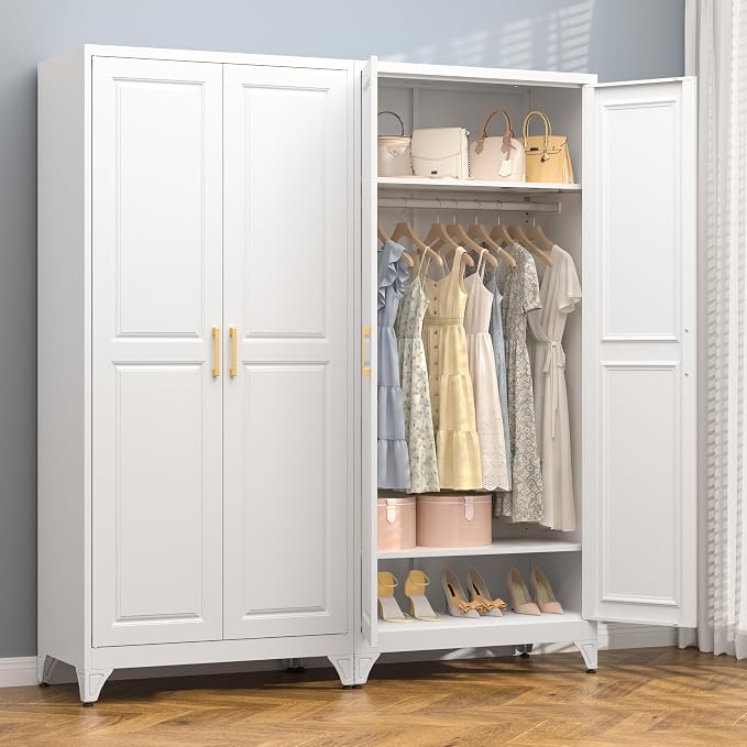 Polup 71" Metal Armoire Wardrobe Closet with Doors and Adjustable Shelves | Tall Freestanding Wardrobe Cabinet for Clothes, Heavy Duty, Hanging Rod, Bedroom, Office, School, Employee, Garage, White