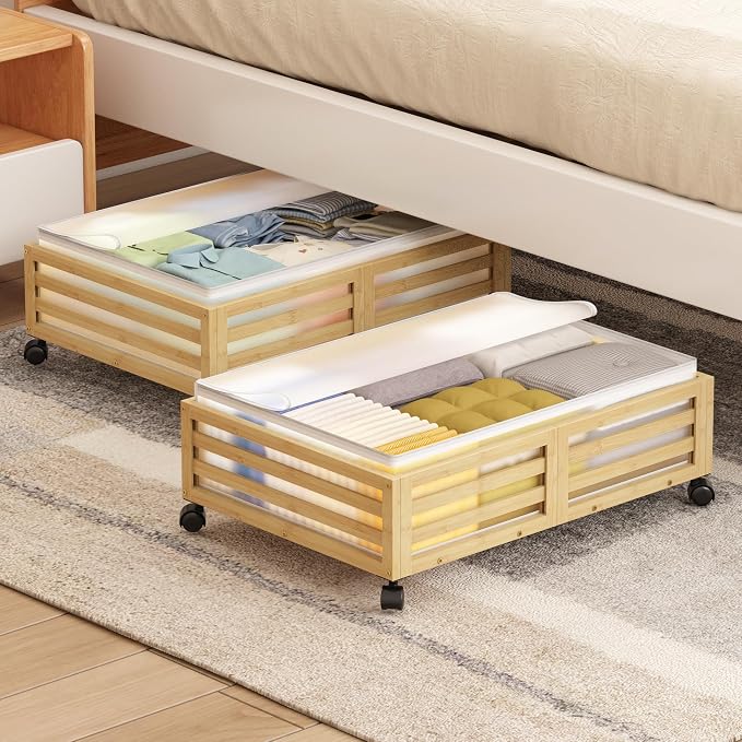 Under Bed Storage with Wheels, 2 Pack Bamboo Drawers for Shoes and Clothes | Fitted dustproof bags, stackable design, smooth pullout access for bedding, blankets, toys and seasonal essentials