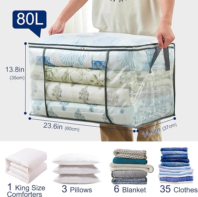 MKOKYD 80L Clear Large Storage Bag, Clothes Storage Containers for Organizing Closet, Bedroom, Underbed, Comforters, Clothing, Blankets, Pillow, Foldable Organizer with Sturdy Handle and Zippers (8)