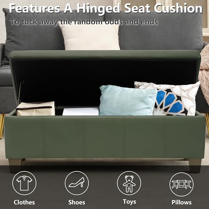 51 Inch Storage Ottoman, Storage Bench with Safety Hinge, Upholstered Synthetic Leather Ottoman Bench for Bedroom, Living Room, Entryway, Hallway, Foot Rest, Support 500lbs