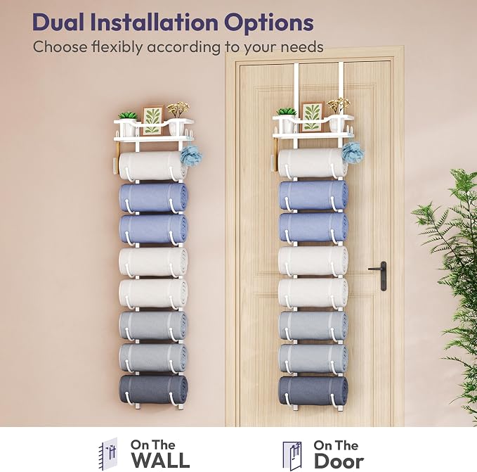 SWTYMIKI Over the Door Towel Rack - 9 Tier Towel Racks for Bathroom Wall Mounted, Towel Holder with Shelf, Hanging Rolled Towel Storage Organizer for Small Bathroom, Camper, RV, White