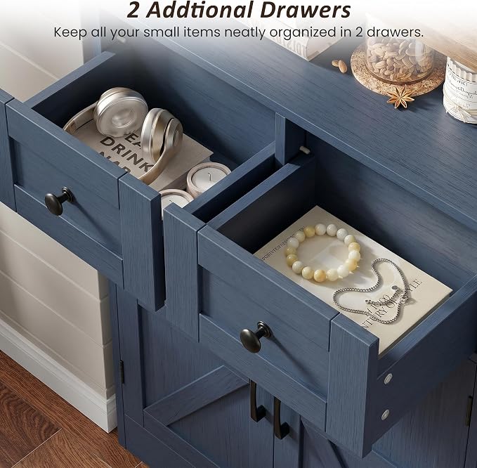 Farmhouse Storage Cabinet with Drawers, Small Kitchen Pantry Cabinet, Blue | Accent Coffee Bar Cabinet Cupboard, 2 Drawers, 2 Barn Doors & Adjustable Shelves, for Kitchen/Entryway/Living Room/Bathroom