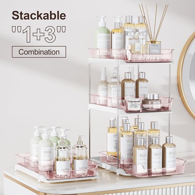 Delamu 2-Tier Multi-Purpose Bathroom Under Sink Organizers and Storage, Stackable Kitchen Pantry Organization, Pull Out Medicine Cabinet Organizer with Movable Dividers, Light Pink, 2 Pack