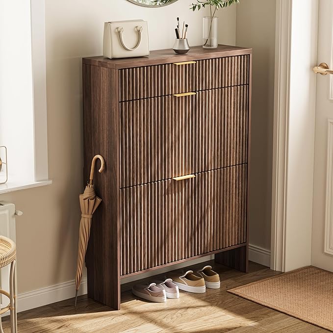 Fluted Shoe Cabinet Storage with 2 Flip Drawers & 1 Drawers, Wood Narrow Hidden Shoe Cabinet for Entryway, Freestanding Slim Shoe Rack Organizer for Foyer Hallway Living Room(Walnut)