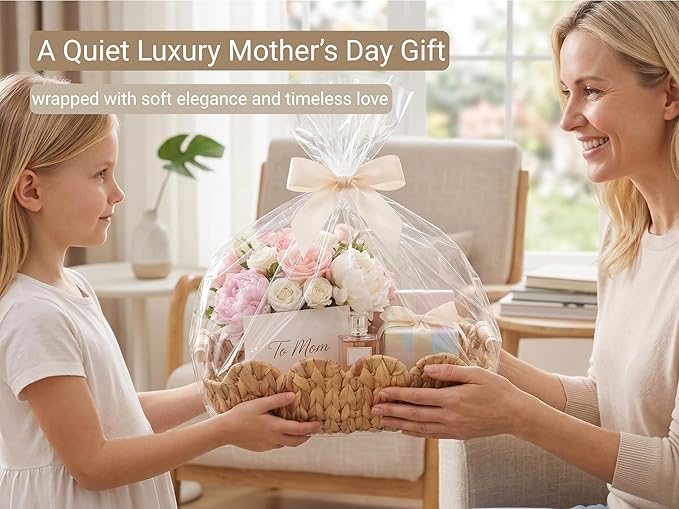 Coeusy Gift Basket, Cute Wicker Basket for Gifts, Scalloped Woven Water Hyacinth Storage Basket with Wooden Handles for Snack, Display, Shelves, 2 Pack