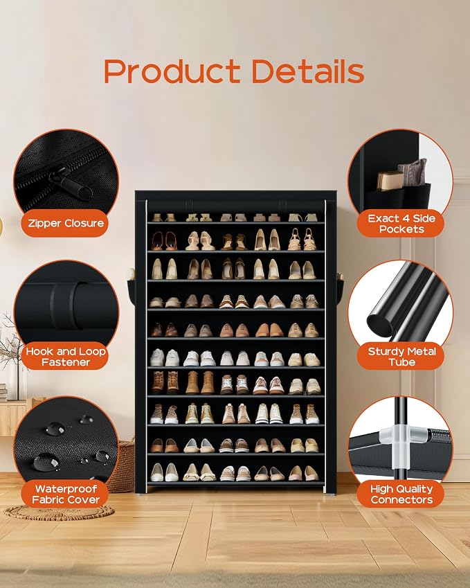 CASAMAYA Shoe Rack with Covers, 10 Tiers Tall Shoe Rack Organizer, Large Capacity Shoe Shelf Storage, Hold 50 Pairs of Shoes, Vertical Shoe Storage Organizer for Closet, Entryway, Black, SRT105B01