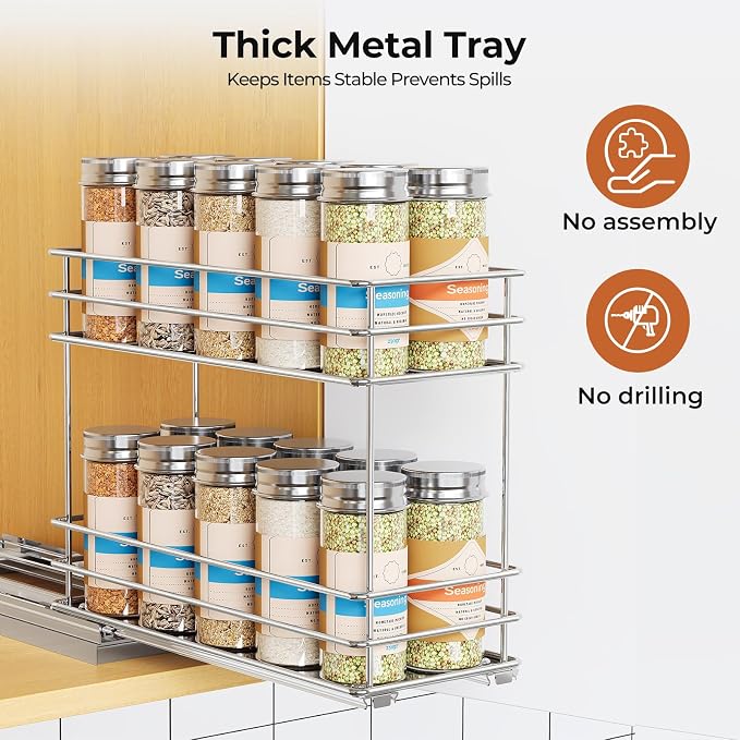 Mystozer Pull Out Spice Rack Organizer for Cabinet, Slide Out Spice Racks, Easy to Install, 4.33" Wx10.43 Dx8.66 H, 1 Drawer 2 Tiers(Silver)