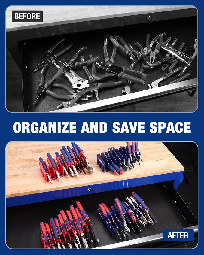 WORKPRO 4-Pack Plier Organizer Rack, 40-Slot Tool Organizer and Storage | Large Capacity Plier Holder, Non-Slip Rubber Base, High-Strength Plastic, Extendable Tool Box Organizer, Pliers Not Included