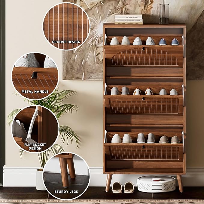 Fsbecl Shoe Storage Cabinet for Entryway with 3 Flip Drawers, Walnut | Narrow Single Layer Design, 23.6'' Freestanding Shoe Rack, Wooden Hidden Organizer for Hallway Foyer, 6-9 Pairs
