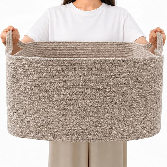 96L Extra Large Brown Cotton Rope Laundry Basket with Sturdy Handle | 24x16x15 Foldable Rectangular Blanket Basket for Toys, Clothes & Pillows,Ideal for Nursery, Bathroom, Bedroom, Living Room