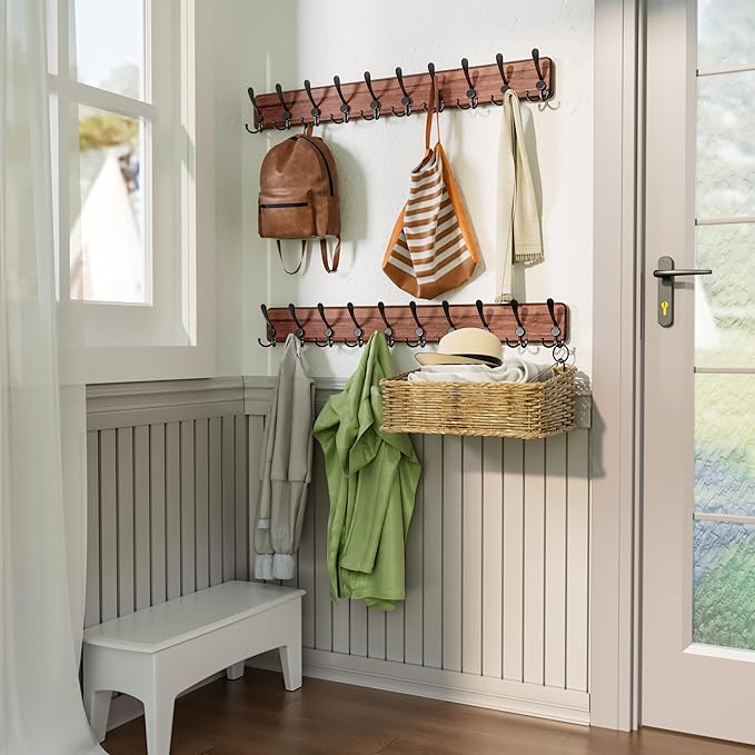 SKOLOO Rustic Coat Rack Wall Mount, 10 Hooks, 38.6'' Long, Brown, Pack of 2 | Rustic finish, 100 lb capacity, entryway bedroom mudroom, wall mount, 16" stud spacing, hardware included, rustproof hooks