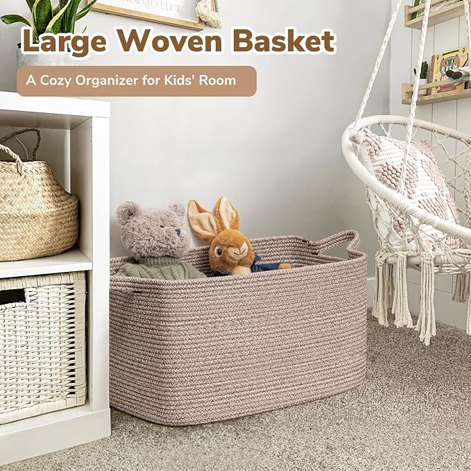 Goodpick Large Woven Storage Basket, Rectangle Organizer, Brown | 21.6 x 14.9 x 11.8 in, Cotton Rope, Living Room, Bedroom & Nursery Organization, Blankets, Toys & Clothes Storage