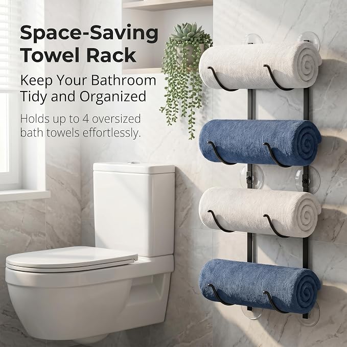 4-Tier Bathroom Rolled Towel Rack Wall Mounted Towel Storage Holder, Adhesive & Drill Hanging Organizer for Towels, Blankets, Large Bath Sheets, Space Saving in RV, Apartment Friendly