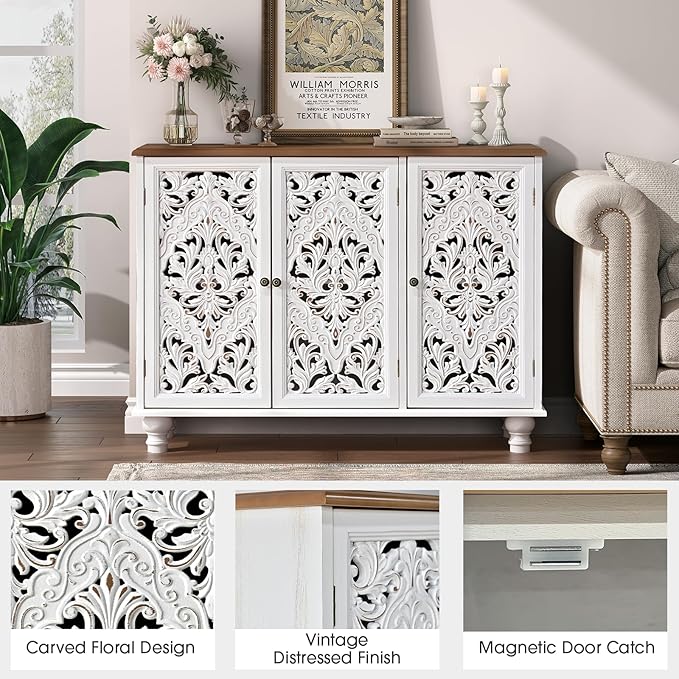 JOINICE 42.5" Accent Storage Cabinet with 3 Carved Doors,Mandala White | Versatile Storage for Living Room & Dining Room & Bedroom & TV Stand, Solid Wood Legs, Boho/Farmhouse/Rustic, Easy Assembly