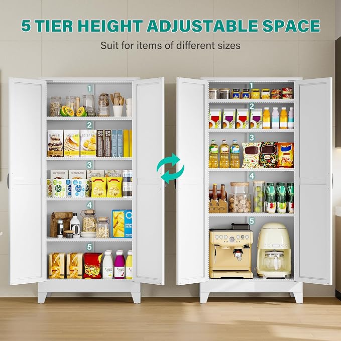 SISESOL Wide & Deep Pantry Storage Cabinet with 2 Doors and 5 Shelves,72" Tall Farmhouse Storage Cabinet,Large Cupboard Closet,White Cabinets for Home,Kitchen,Bathroom,Dining/Living Room