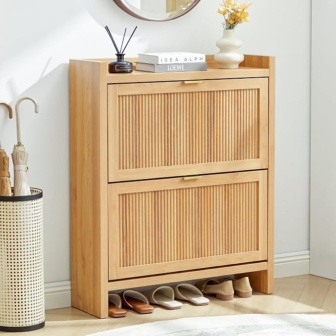 Fluted Shoe Storage Cabinet with 2 Flip Door for Entryway | Farmhouse, Natural color, Adjustable shelves, Tabletop guardrail, Freestanding shoe storage cabinet, for Entryway/hallway