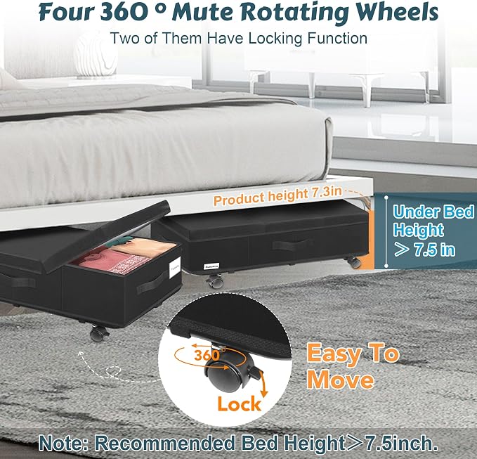 Supowin Under Bed Storage with Wheels, 2Pack Rolling Underbed Storage | 7.3 Inches Tall Under the Bed Container with Lids, Reinforced Handle, Reinforced Metal Bottom Support, 360° Rotating Wheels