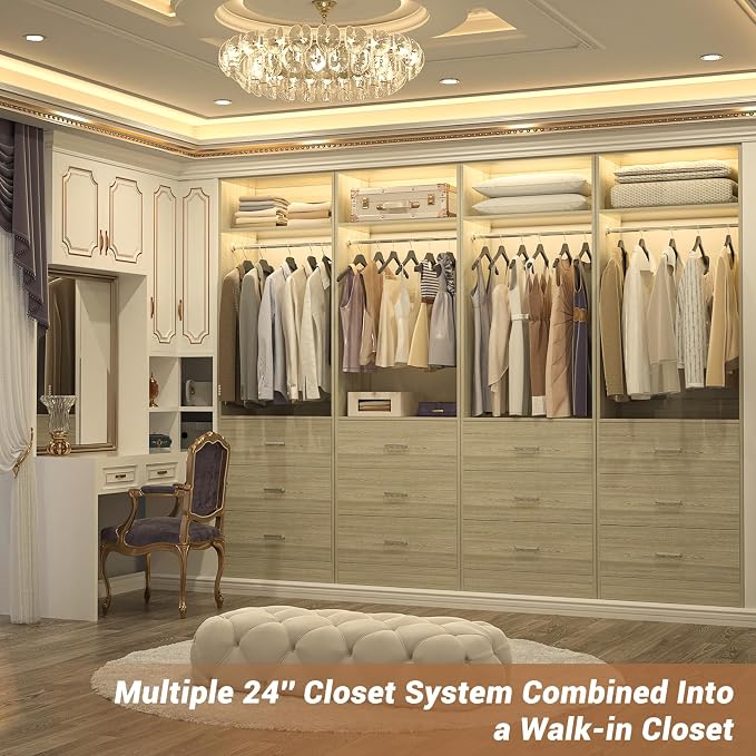 Besiost Closet System Set of 2, 4FT Closet Systems with 6 Wood Drawers, 48" Closet Organizer System with 2 Hanging Rods & 2 Shelves, Heavy Duty 48 Inch Walk-in Closet, White Oak (48"L x 15" W x 80" H)