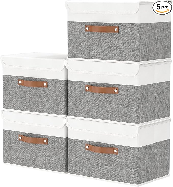 OUTBROS Storage Box with Lids, 17.7x11.8x11.8 inch (White/Grey, 5-Pack) | Foldable Linen Wardrobe Containers, Organiser For Towels, Clothes