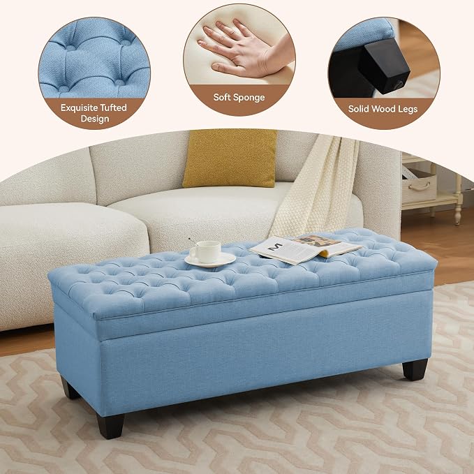 WUTUTUEE 51" Fabric Storage Ottoman Bench, Upholstered Rectangle End of Bed Storage Ottoman Tufted Living Room Bedroom Bench with Safety Hinge, Solid Wood Legs, Loads 500 lb(Light Blue)
