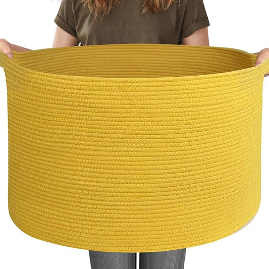 Extra Large 115L Yellow Basket, 23.6" x15.7 Cotton Rope Yellow Decor for Living Room Bedroom, Woven Basket for Blanket, Laundry, Towel, Shoe, Kids Toy Box Organizer, Room Decor Storage Bin