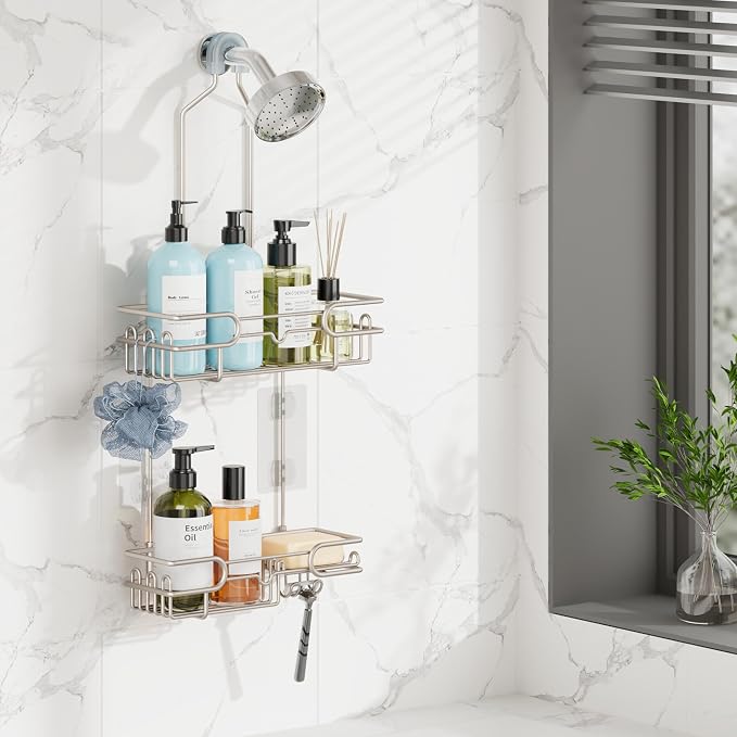 HapiRm Hanging Shower Caddy Organizer - Bathroom Organizer with 12 Hooks and Soap Holder, Rustproof Shower Shelf over Shower Head - Brushed Nickel