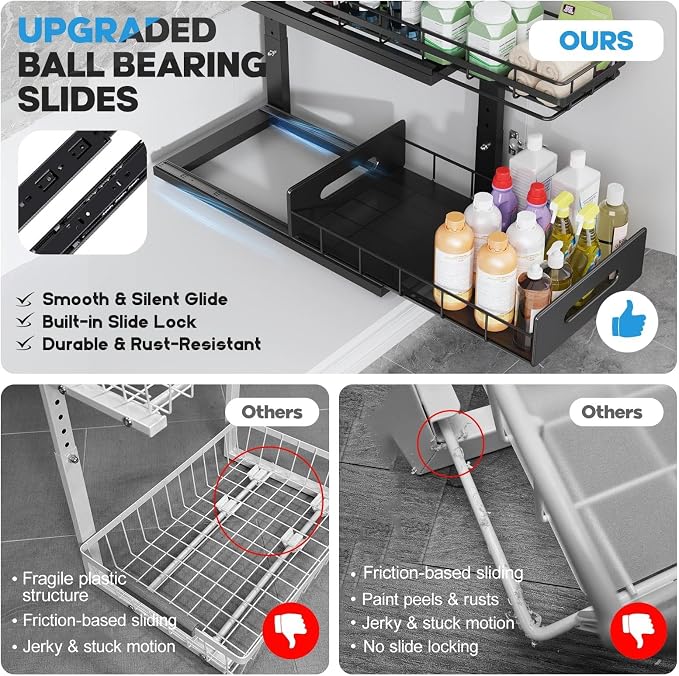 Under Sink Organizer Upgrade To Professional Rails,2-Tier Dual Pull Out Cabinet Storage,Height Adjustable Slide Out Drawers For Bathroom Kitchen,2 Pack-16.7"Dx12.8"-16.9"H,Black