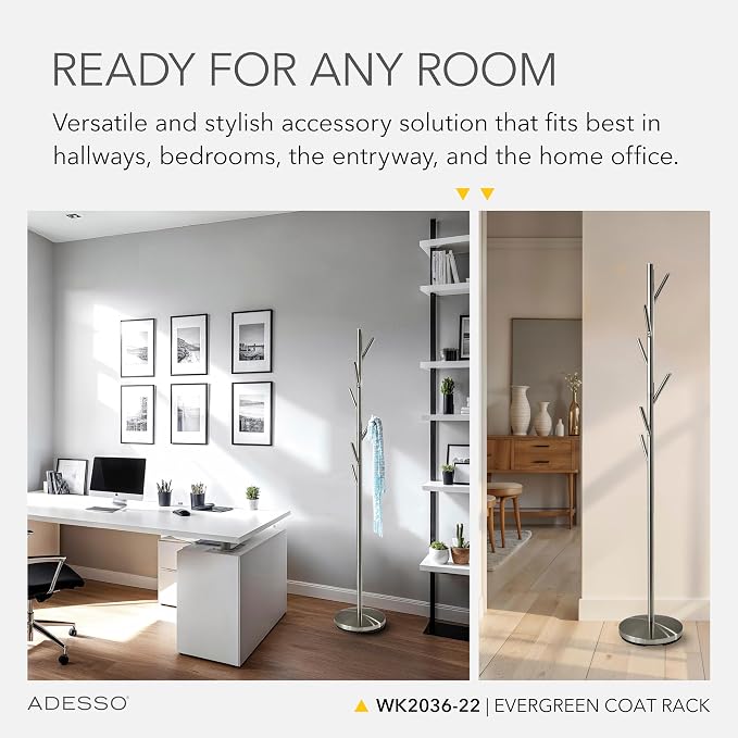 Adesso Coat Rack, Brushed Steel, 6 Hooks, Space-Saving, 67" | Evergreen Entryway Coat Rack for Organizing Coats, Bags, Purses, and Hats in a Foyer, Mudroom, Bedroom, or Office