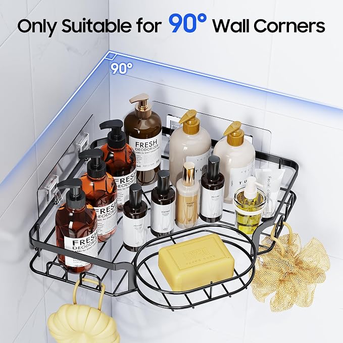 Corner Shower Caddy, Rustproof Shower Organizer with Soap Holder and 8 Hooks, No Drilling Adhesive Shower Shelves for Inside Shower, Large Capacity Shower Rack for Bathroom Shower Storage, X-Large