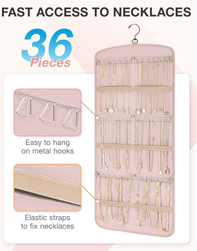 BAGSMART Hanging Jewelry Organizer, Necklace Holder Anti-tangle with 20 Jewelry Storage,1 Piece, Large Pink
