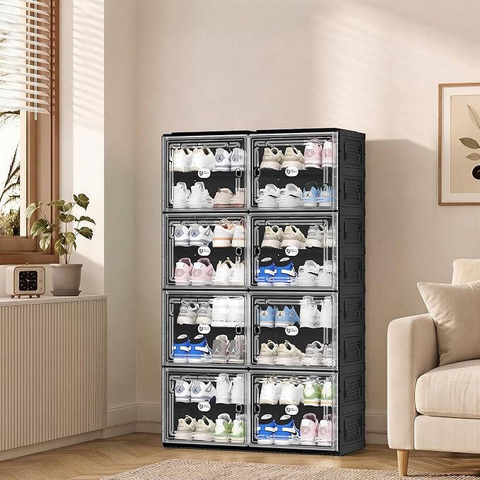 Black Shoe Storage Cabinet for 32 Pairs, Collapsible Plastic Shoe Organizer with Magnetic Clear Doors, 3-Step Tool-Free Assembly for Entryway, Hallway, Apartment and Closet (2Row, 8Tier)