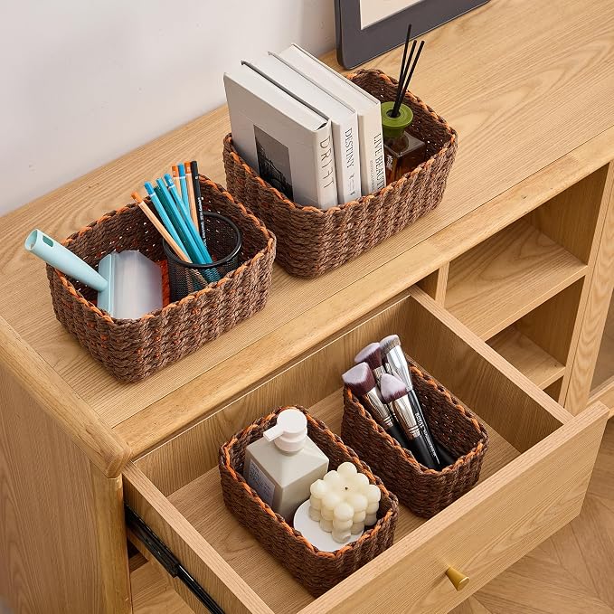 4PCS Woven Storage Baskets Set, Small Baskets for Organizing, Square Handwoven Paper Rope Organizer Bins for Shelves and Home Storage (Brown & Orange)