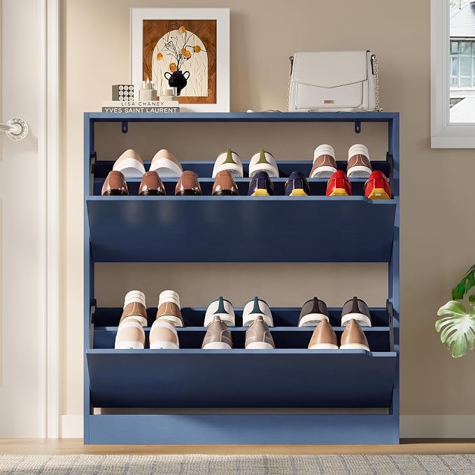 BORNOON Shoe Cabinet with 2 Flip Drawers, Slim Narrow Shoe Storage Cabinet, Freestanding Shoe Organizer with Adjustable & Removable Shelves, Top Display Shelf for Entryway, Hallway, Foyer, Closet
