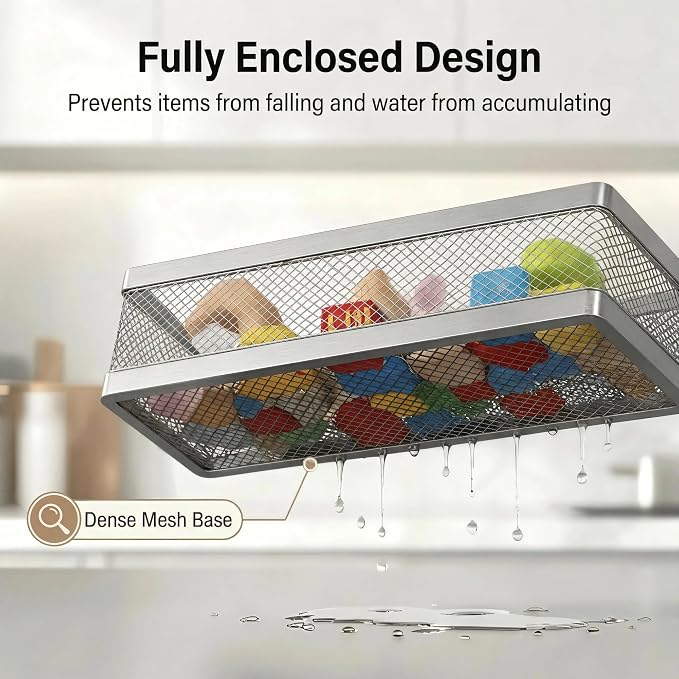 PUSDON 5-in-1 16.5" Extra Long Slim Wall Mount Wrapped Mesh Kitchen Organizer & Shower Caddy Kit, with Paper Towel Holder, Utensil Holder, Soap Dish, Holds 50LBS - Silver Gray, Netting
