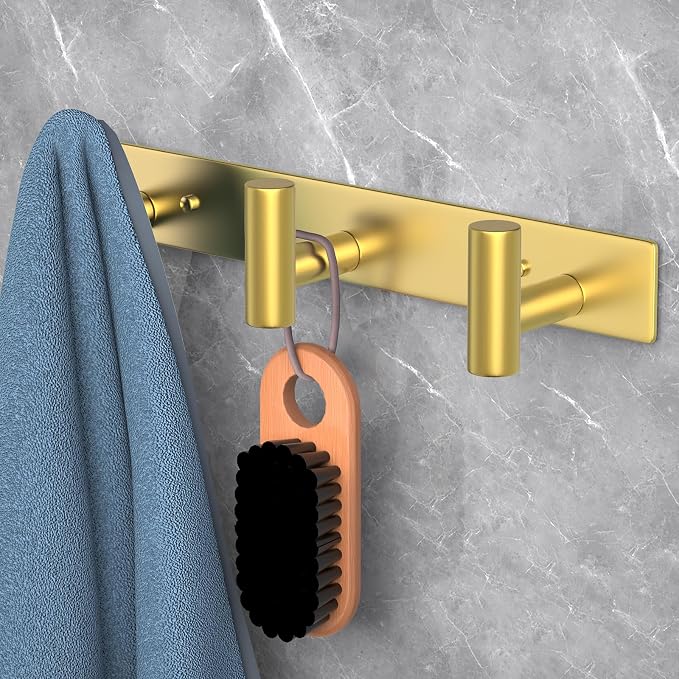 PMMASTO Stainless Steel Coat Rack Wall Mounted, Heavy Duty Metal Hook Rail for Hanging Coats Hats Towels Robes Bags, Modern Wall Hooks Organizer (Gold, 3 "T Hooks, 2 Pack)