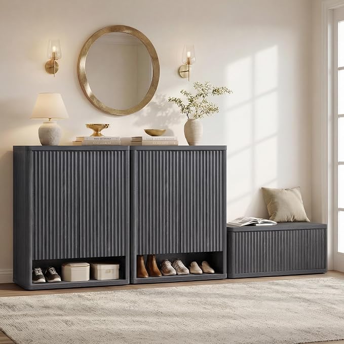 SICOTAS Shoe Cabinet 44 inch Tall Fluted Shoe Cabinet with Doors & 4 Shelves Wooden Large Hidden Shoe Storage Organizer Modern Free Standing 6-Tier Cabinet for Entryway Living Room Closet