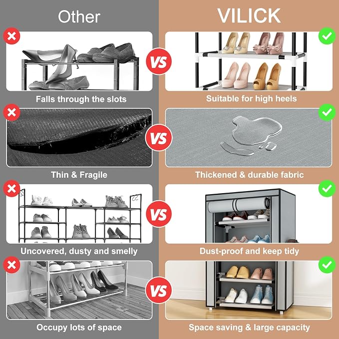 VILICK Shoe Rack with Cover Narrow Shoe Rack Organizer with 4 Side Pockets 10 Tier Tall Shoe Storage Shoe Shelf Holds 18-22 Pairs Shoes and Boots Shoe Rack for Closet, Grey
