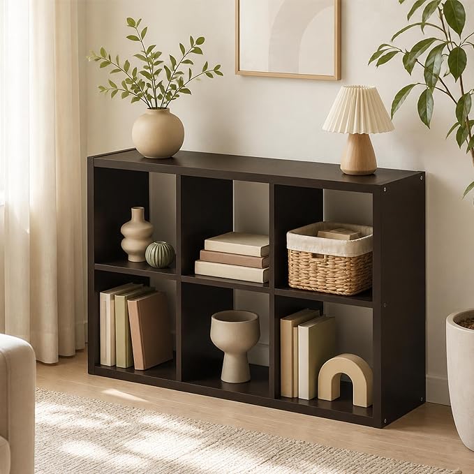 6-Cube Cubicle Bookshelf, Cube Bookcase with Open Back, Reversible Book Shelf, Cube Storage Organizer, 15 x 44 x 30, for Living Room, Home Office, Dark Oak