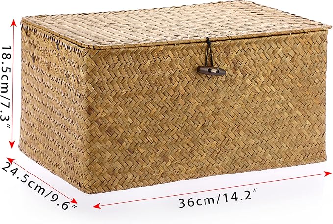 Hipiwe Wicker Shelf Baskets Bin with Lid Woven Seagrass Storage Box, Large | Decorative Basket Organizer Rectangular Household Basket Boxes for Shelf Wardrobe Home Decor, Caramel