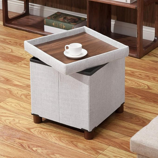 15 Inch Storage Ottoman with Wooden Legs - Cube Foot Rest Stool, Square Footstool, Comfortable Seat with Lid, Foldable Fabric Ottoman, Space-Saving White