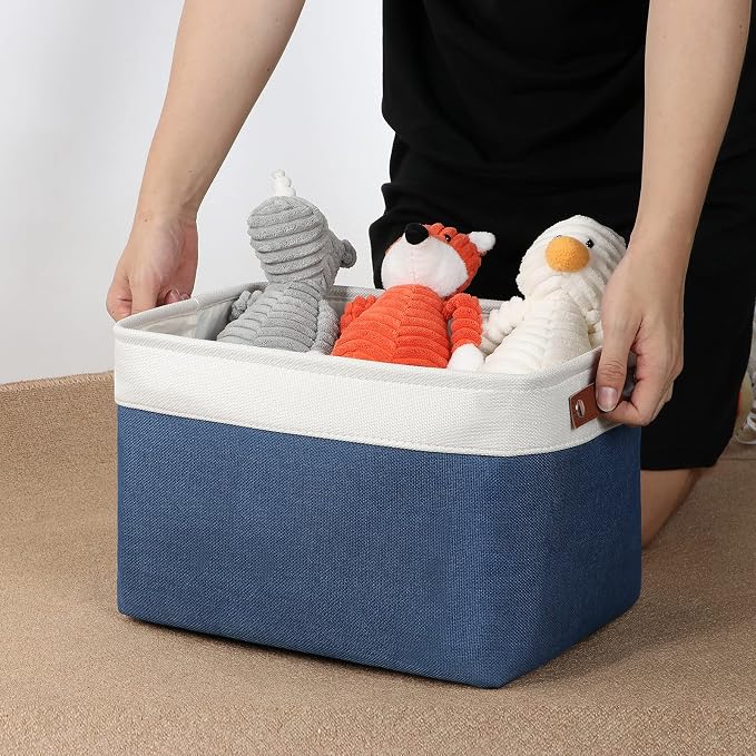 DULLEMELO Fabric Storage Bins, Foldable Storage Baskets for Organizing, Empty Gift Baskets (3-Pack Medium-15 inch X 11 inch X 9.5 inch , White&Blue)
